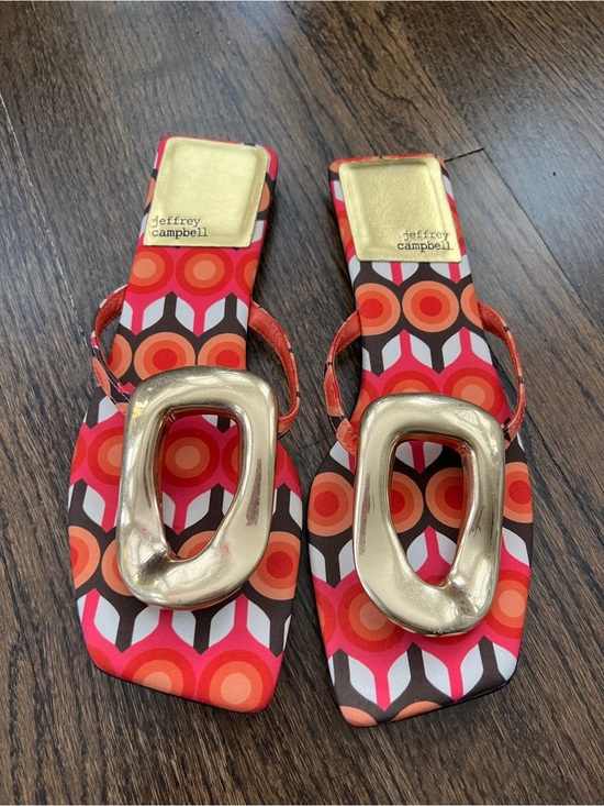 Jeffrey Campbell Shoes - Jeffrey Campbell Red & Orange Geometric Slide Sandals with Gold Oval Accent